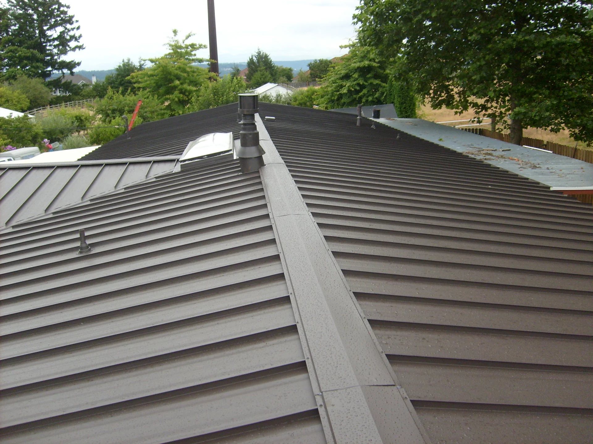 Dark standing seam metal roof with new ridge, vents and skylights in Tacoma, WA